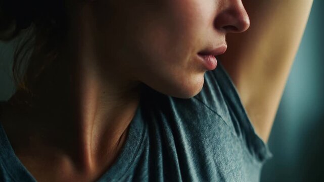 Close-up of woman smelling shirt armpit area