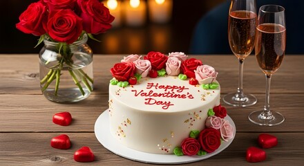 Naklejka premium Romantic valentine's day setup with cake and champagne