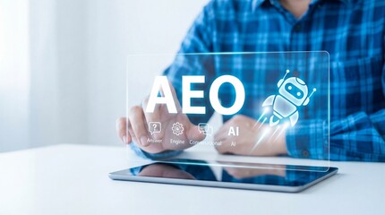 Man interacting with augmented reality display showing AEO AI robot on tablet screen in modern environment