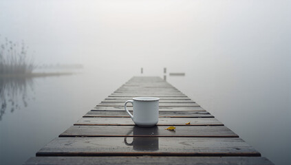 Obraz premium 朝霧の湖畔の桟橋に白いマグを置いたミニマルな夜明けの情景、人物なし