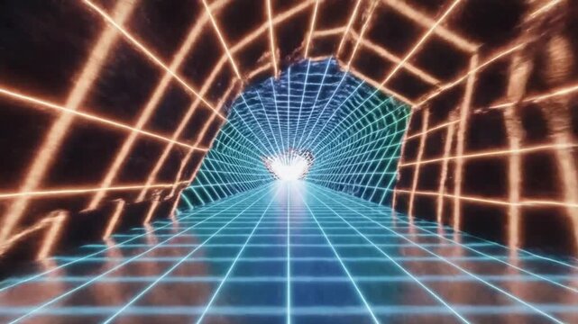 POV view of walking through a digital world with moving illusionary grids