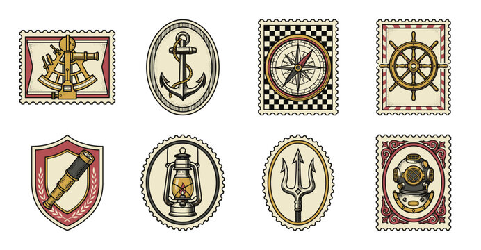 Vintage Hand Drawn Nautical Equipment Postage Stamp Collection for Maritime Scraps and Travel Stationery