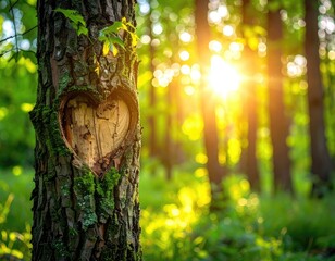 Obraz premium A heart carved into a sunlit tree trunk in a vibrant green forest setting.
