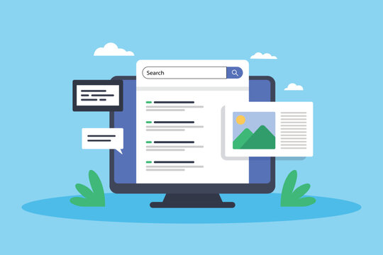 Search Engine Results Page Interface and Website Content Discovery on Desktop Computer Flat Vector Illustration