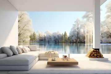 Naklejka premium Modern living room with white sofa and fireplace, providing peaceful view of winter lake