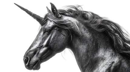 Majestic black unicorn horse head with horn isolated on transparent background