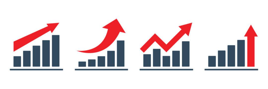 Financial arrows up and down. Graph going Up and Down sign with green and red arrows vector. Flat design illustration concept of sales bar chart symbol icon with arrow moving