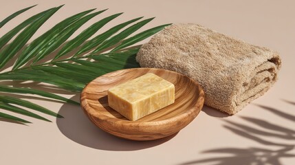 Natural solid soap rests on a wooden dish beside a folded towel and palm foliage