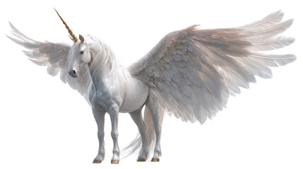 Majestic white winged unicorn with golden horn standing isolated on transparent background