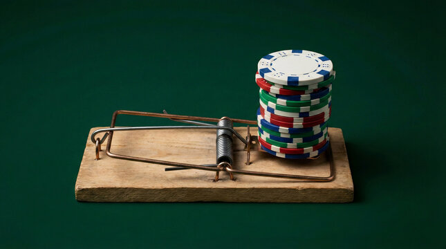 Mousetrap set with a stack of casino poker chips bait