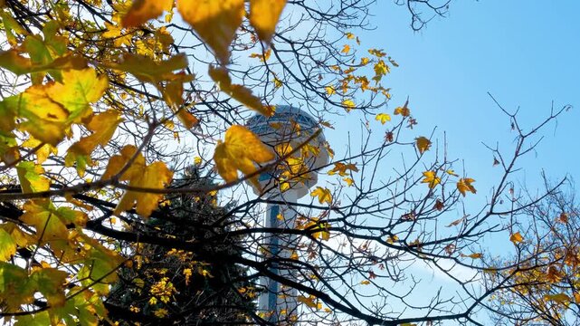 Atakule Tower and Autumn Trees with Yellow Leaves in Ankara - Cinematic Reveal
