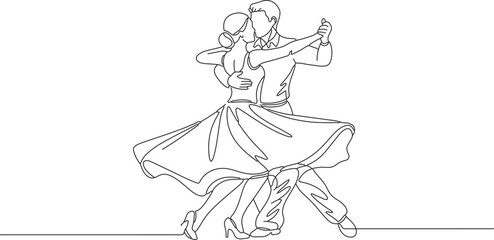 Obraz premium Continuous line drawing of a couple dancing ballroom dance, elegant movement and romantic embrace