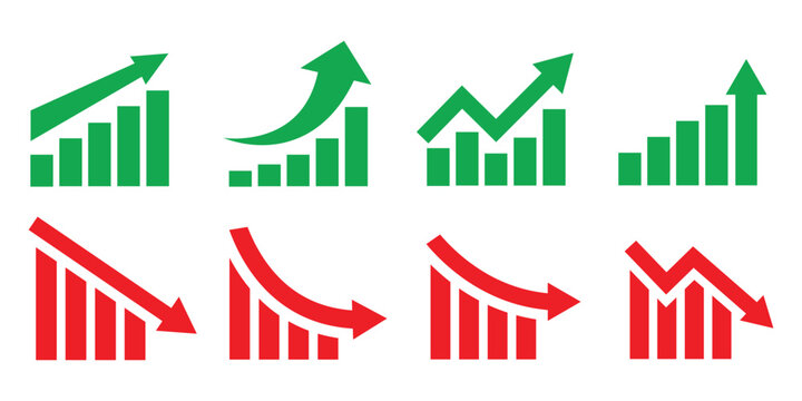 Stock market trend up and down arrows, financial graphs, and business investment growth and loss arrow, graph going up and down symbol with green and red arrows, vector illustration