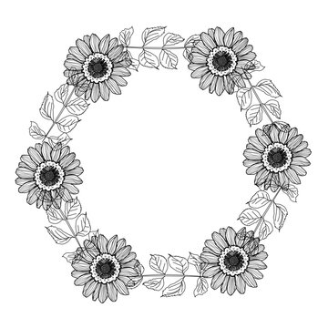 Cornice esagonale nera con foglie e gerbere, illustrazione vettoriale isolata