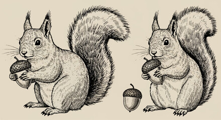 Obraz premium Vector hand drawn squirrel holding acorn, vintage engraving style illustration, forest animal, isolated on white