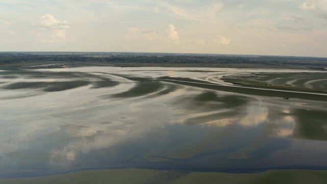 Water surface swampy plants drone view, Lake Tisza