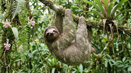Obraz premium Niedliches Dreifinger-Faultier hängt lächelnd an einem Ast im tropischen Dschungel.