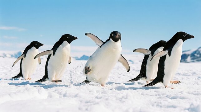 Lustige Gruppe von Ad&eacute;lie-Pinguinen watschelt hintereinander durch den tiefen antarktischen Schnee.