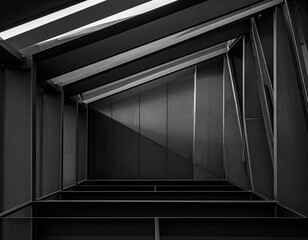 Obraz premium Abstract black and white interior view of modern architectural structure with sharp angles.