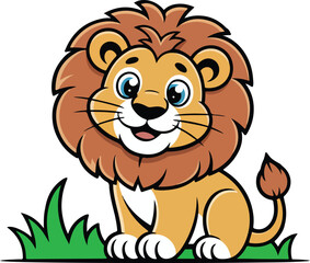 Cute Cartoon Lion Cub Sitting in Grass