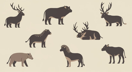 Vector set of various dark brown deer, buffalo, and wild boar illustrations on a light beige background, flat animal collection