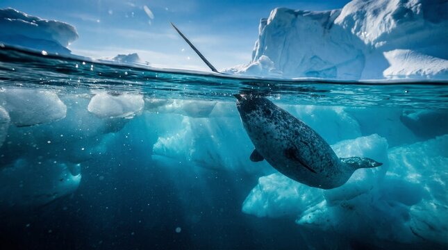 Majest&auml;tischer Narwal mit langem Sto&szlig;zahn in den eisigen Gew&auml;ssern der Arktis.