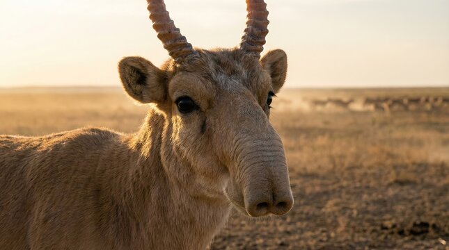 Saiga-Antilope mit charakteristischer R&uuml;sselnase in der trockenen eurasischen Steppe.