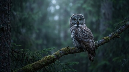 Obraz premium Mystischer Bartkauz sitzt auf einem moosigen Ast im dämmrigen Wald bei Mondlicht.