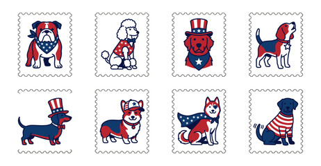 Minimalist Patriotic Dog Breed Postage Stamp Collection for Fourth of July Stationery and Fourth of July Crafts