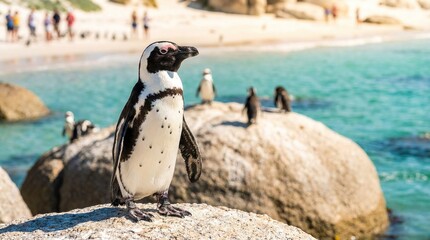 Obraz premium Afrikanischer Pinguin auf einem Granitfelsen am berühmten Boulders Beach in Südafrika.