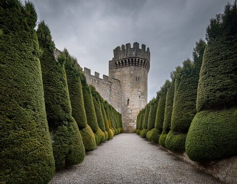 dense yew tree barrier surrounding a castle wall on a grey day with a sense of protection and history