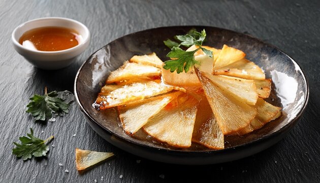 crisp jicama slices served with sauce and honey