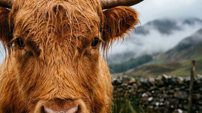 Nahaufnahme eines schottischen Hochlandrinds mit Regentropfen im dichten Fell vor nebligen Bergen.