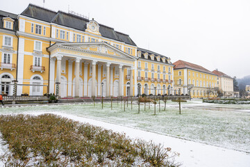 Winter Scene Of A Yellow Historic SPA Building With Snow-Dusted Formal Garden In Town Square, Rogaska Slatina, Slovenia