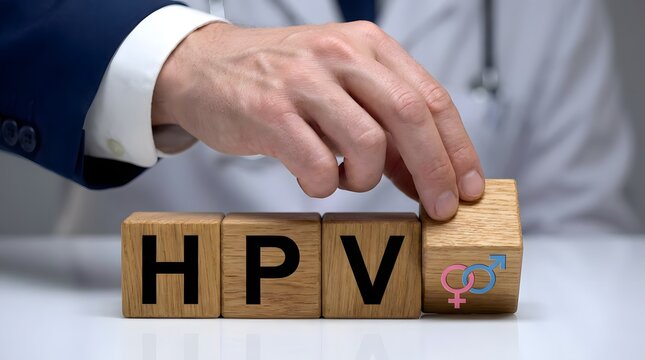 Hand Placing Gender Symbol Block Completing HPV Wooden Letters Sexual Health Concept