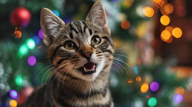 Tabby Cat in Christmas Lights Background.