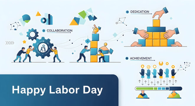 People collaborating building blocks and celebrating achievements on Labor Day