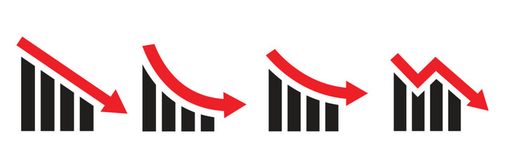 Graph going down and up sign with green and red arrows, vector illustration of bar chart symbols, depicting sales decrease and growth, ideal for business analytics, financial reports