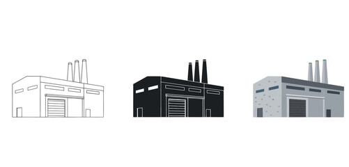 Fototapeta premium Industrial Buildings with Chimneys and Doors Vector Set in Line Art, Silhouette and Color Style for Modern City Architecture and Real Estate Design
