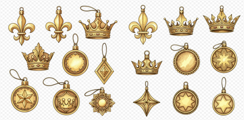Set of golden royal crowns, fleur de lis, and decorative medallions with loops for hanging. © Akun