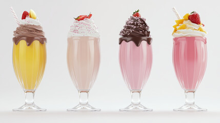 A delightful array of four colorful milkshakes in elegant glasses, topped with whipped cream, fruit, and sprinkles, perfect for a sweet treat.