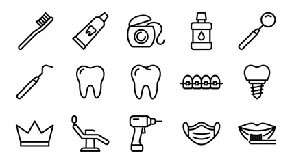 Set of 15 Dental Care and Dentistry Line Icons Featuring Toothbrush, Toothpaste, Dental Floss, Mouthwash, Braces, Implant, Crown, Dentist Chair, and Drill in a Minimalist Vector Outline Style.