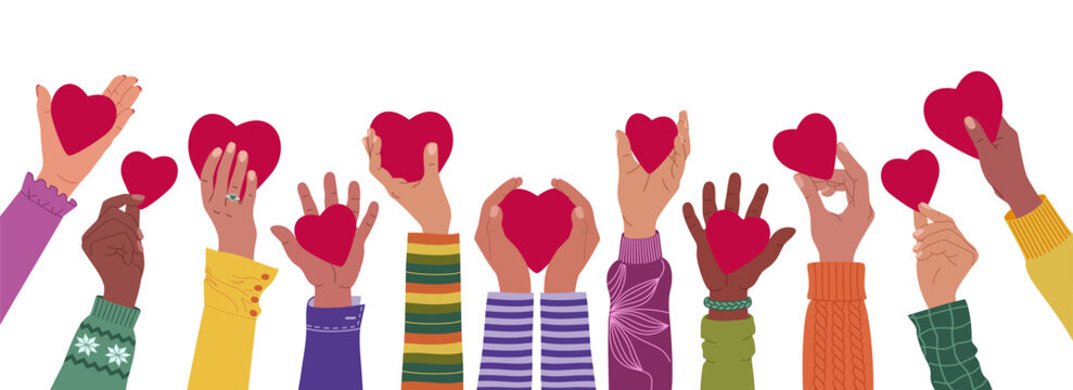 Diverse multiracial hands raised up holding red hearts. Volunteering, charity, donation concept. Hand drawn vector vector illustration isolated on white background, modern flat cartoon style.