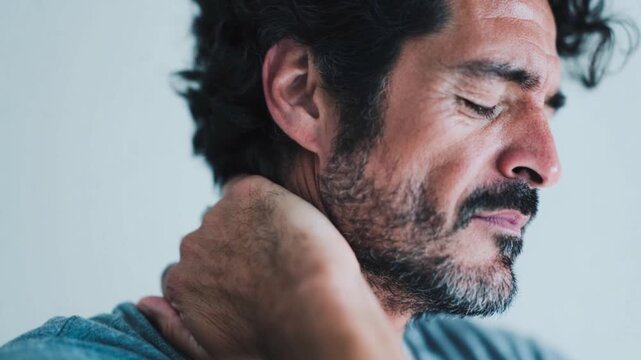 Man massages his stiff neck, cervical pain