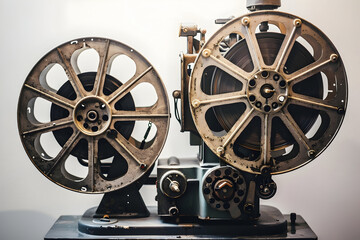 Naklejka premium Vintage movie projector with large film reels for cinematic history and nostalgia