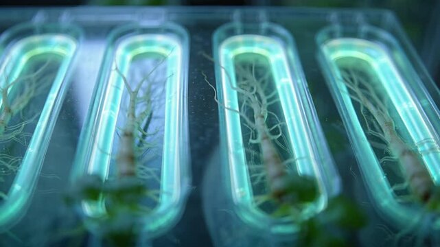 Macro view of a transparent hydroponic root chamber with glowing nutrient channels, delicate root structures and soft blue‑green lighting highlighting precise biotech textures.