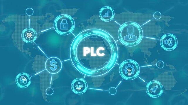 P L C Business Concept with Global Network and Representing Finance, Security, and Industry technology