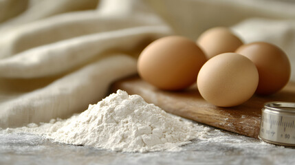 Fototapeta premium Heap of white wheat flour and fresh brown chicken eggs on a wooden board. Baking ingredients preparation for cooking homemade pastry. 