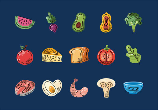 Colorful Healthy Food Fruit Vegetable Illustrations Set