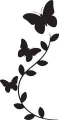 Three graceful butterfly silhouettes gently flutter around a delicate vine branch on a clean white background